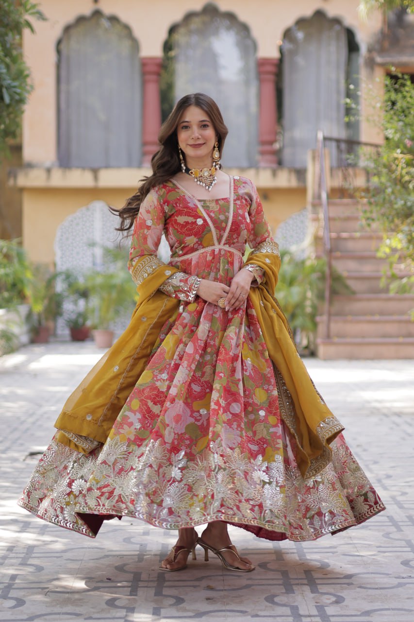 Digital Printed Russian Silk Gown with Embroidered Dupatta