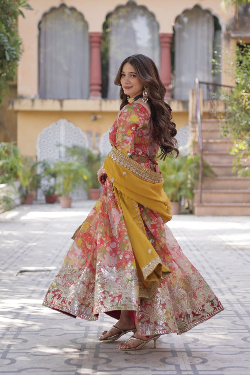 Digital Printed Russian Silk Gown with Embroidered Dupatta