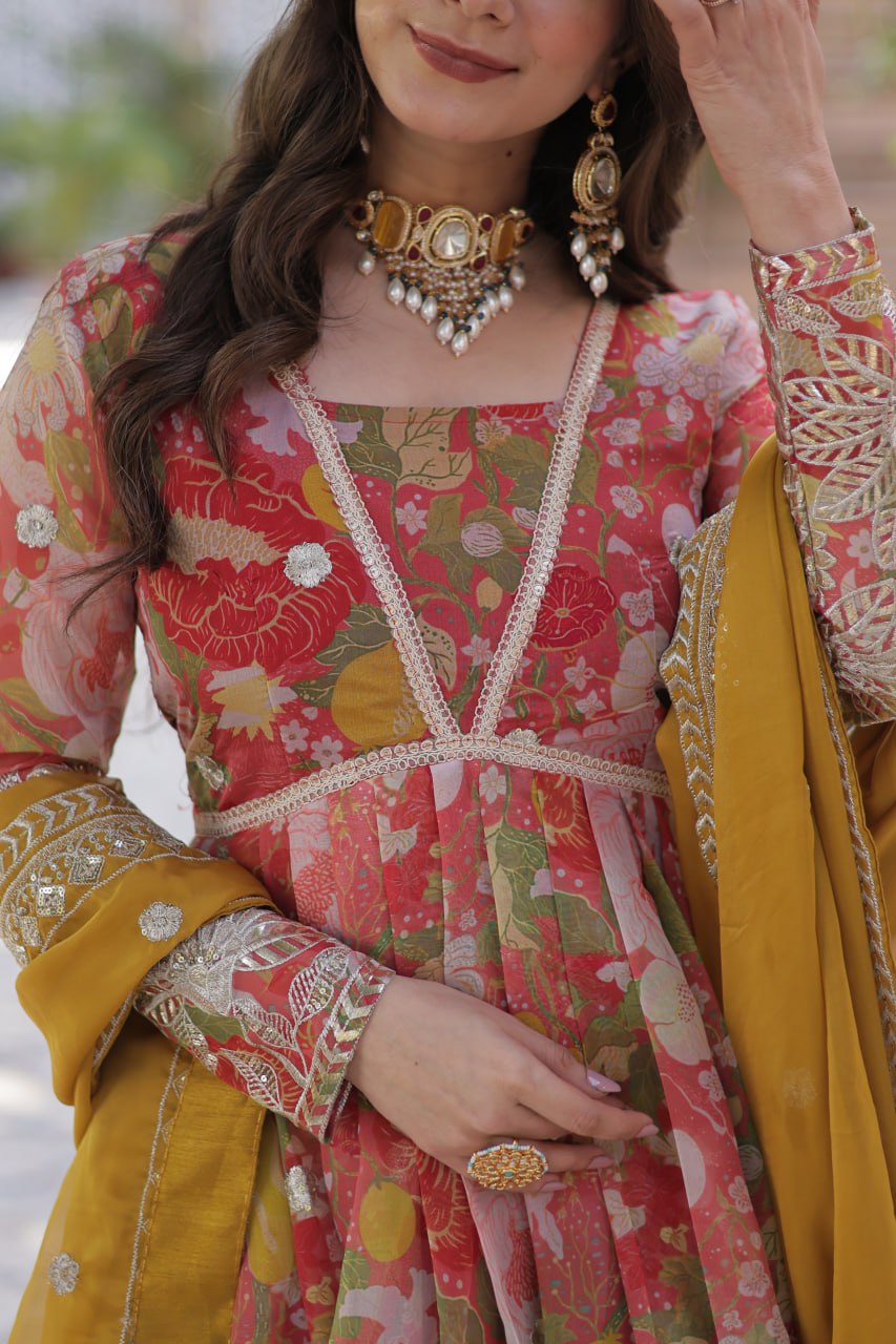 Digital Printed Russian Silk Gown with Embroidered Dupatta