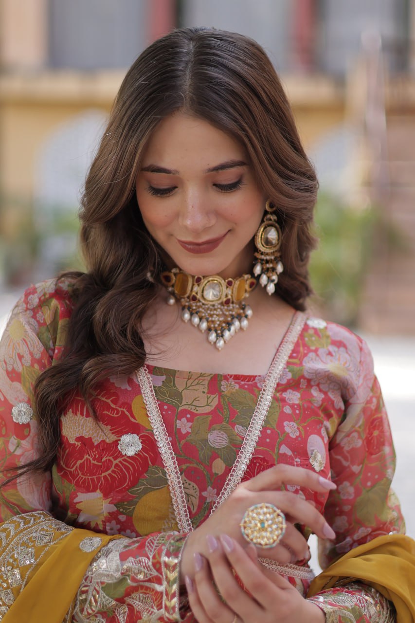 Digital Printed Russian Silk Gown with Embroidered Dupatta