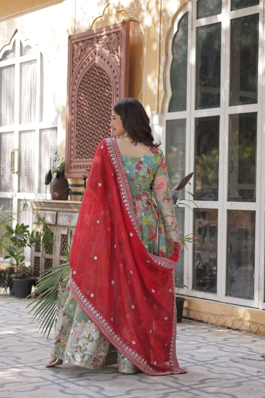 Digital Printed Russian Silk Gown with Embroidered Dupatta