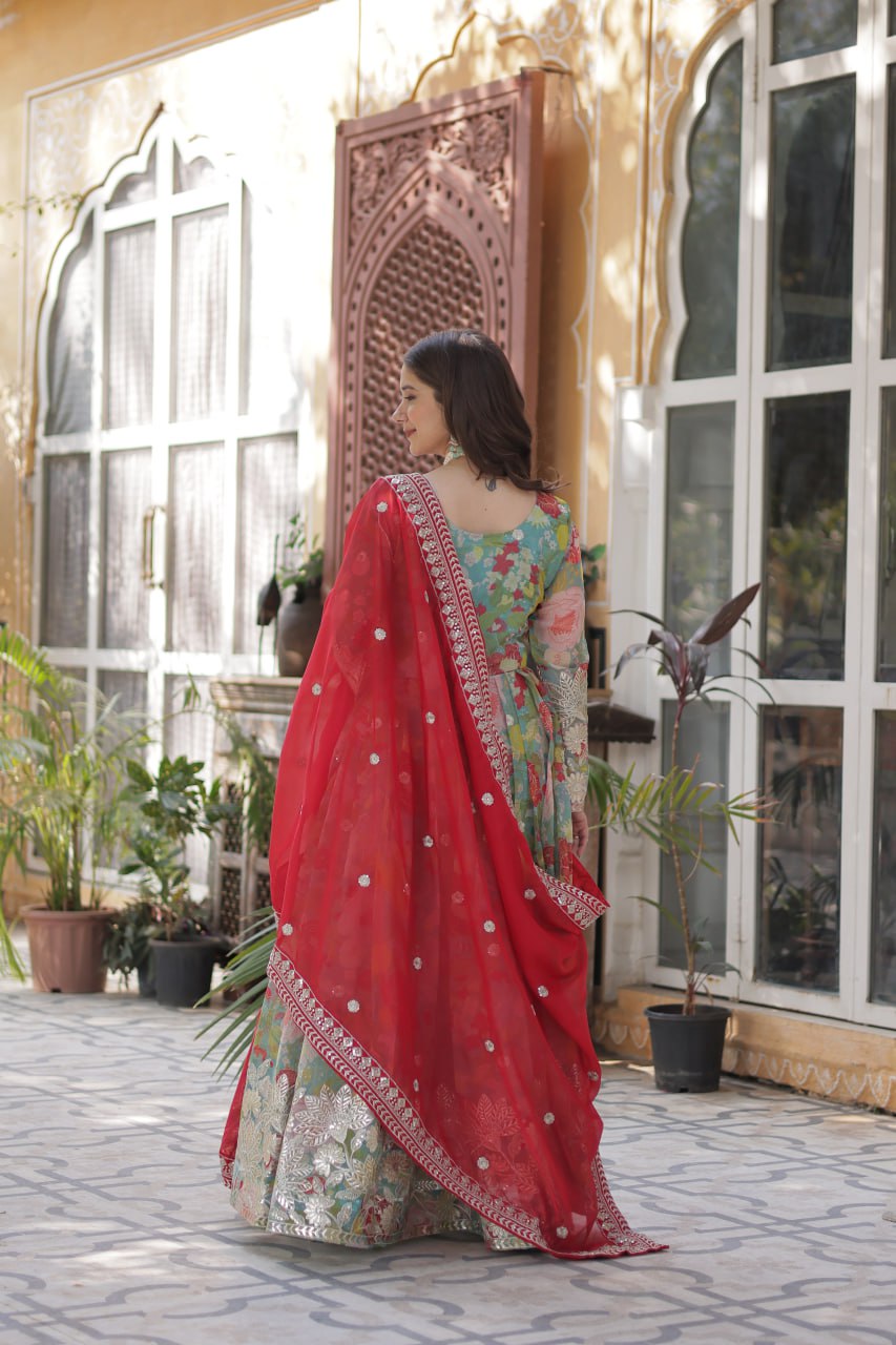 Digital Printed Russian Silk Gown with Embroidered Dupatta
