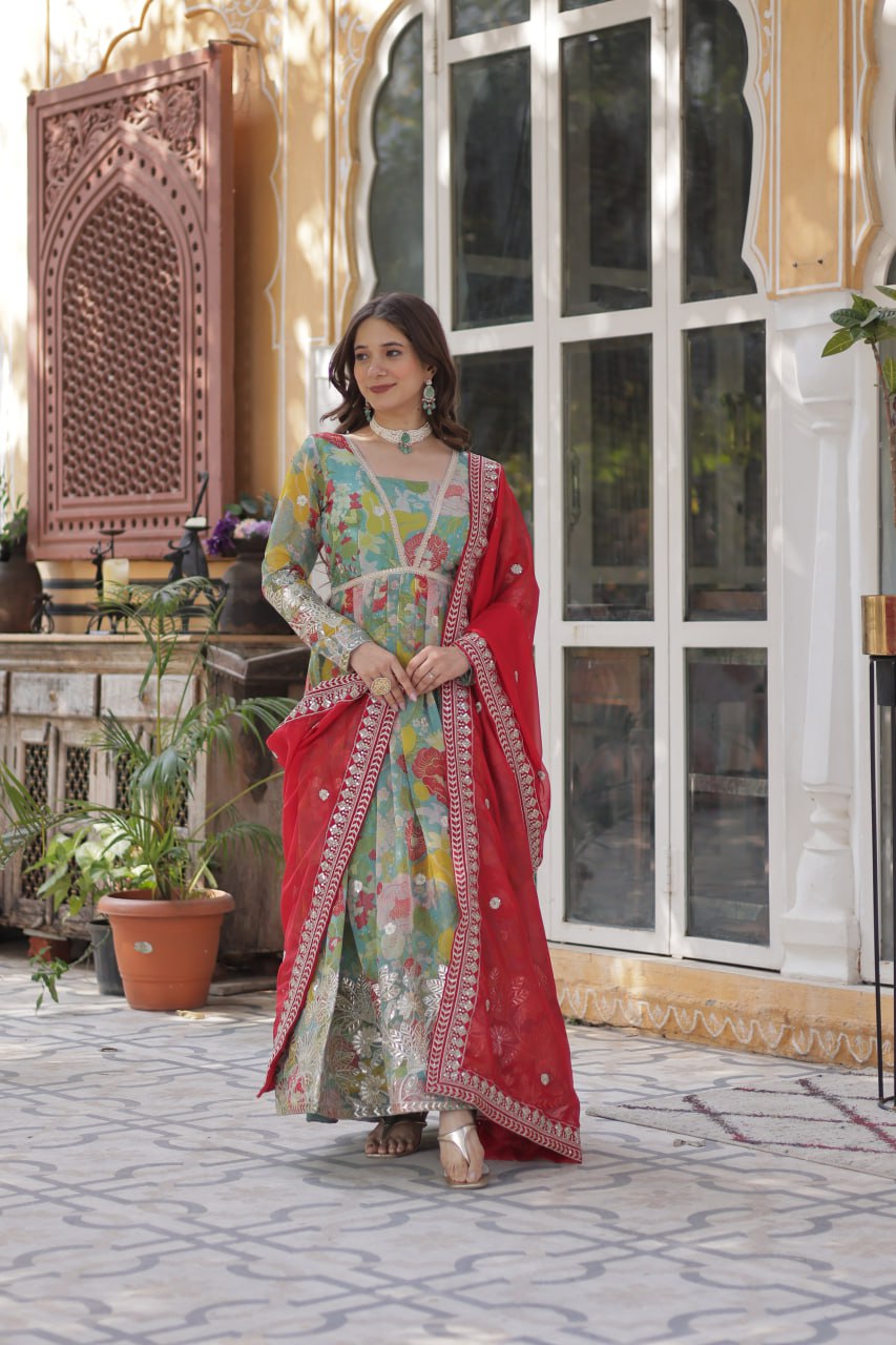 Digital Printed Russian Silk Gown with Embroidered Dupatta