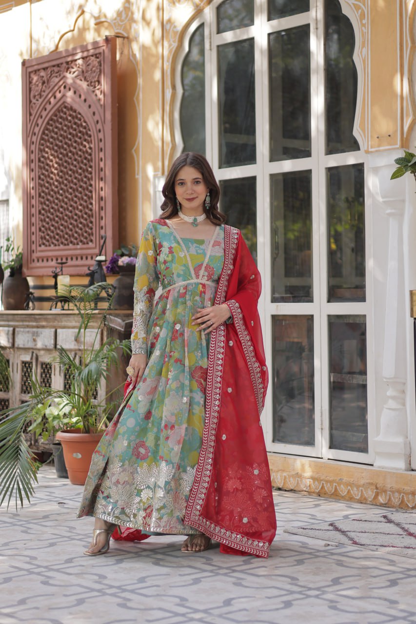 Digital Printed Russian Silk Gown with Embroidered Dupatta