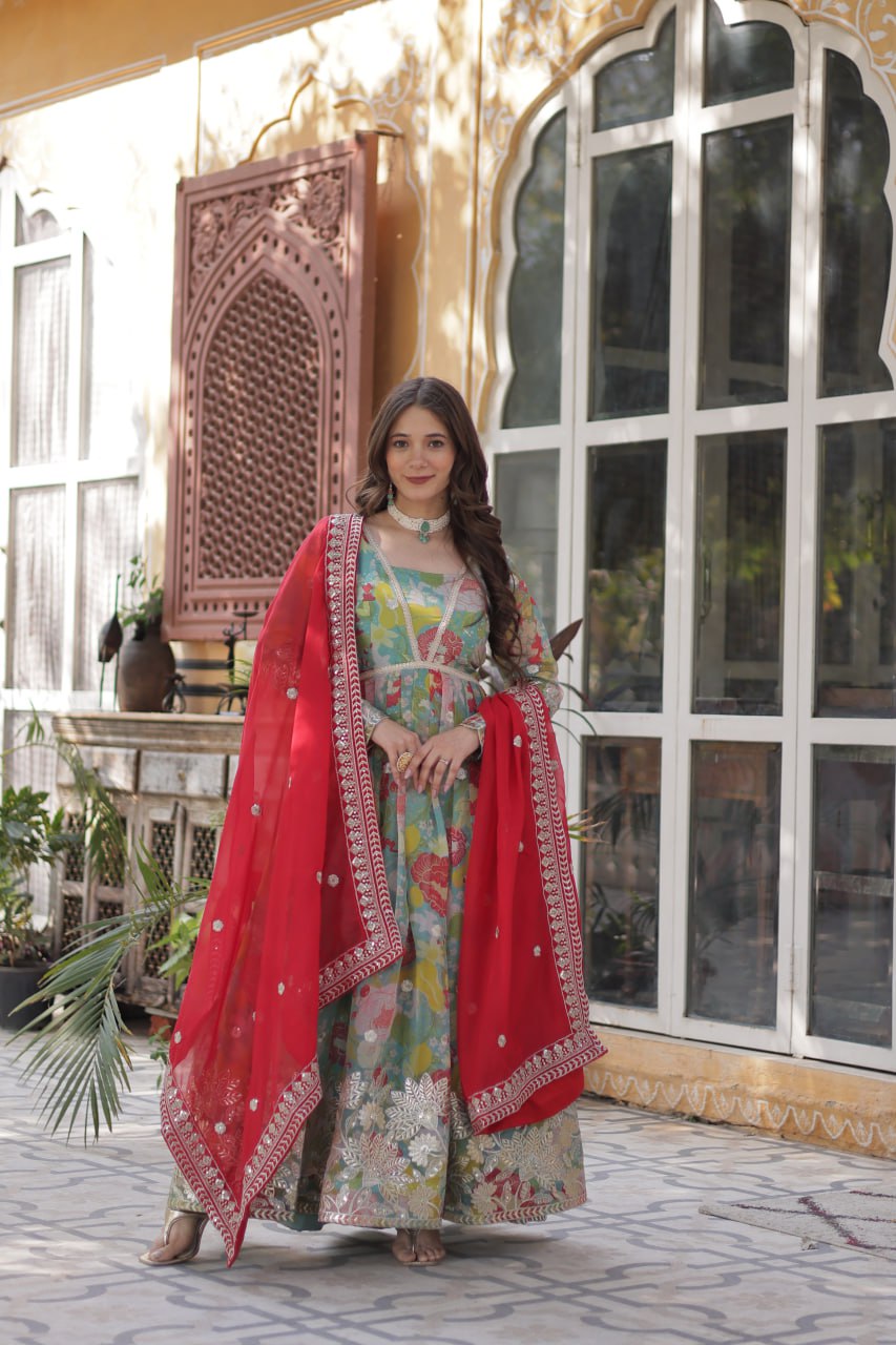 Digital Printed Russian Silk Gown with Embroidered Dupatta