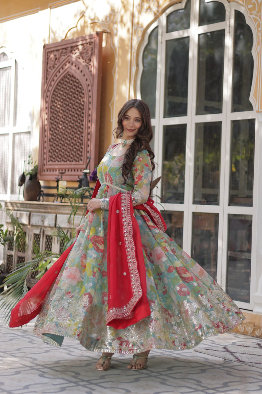 Digital Printed Russian Silk Gown with Embroidered Dupatta