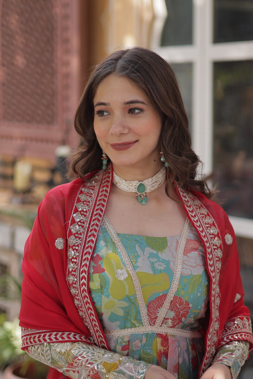 Digital Printed Russian Silk Gown with Embroidered Dupatta