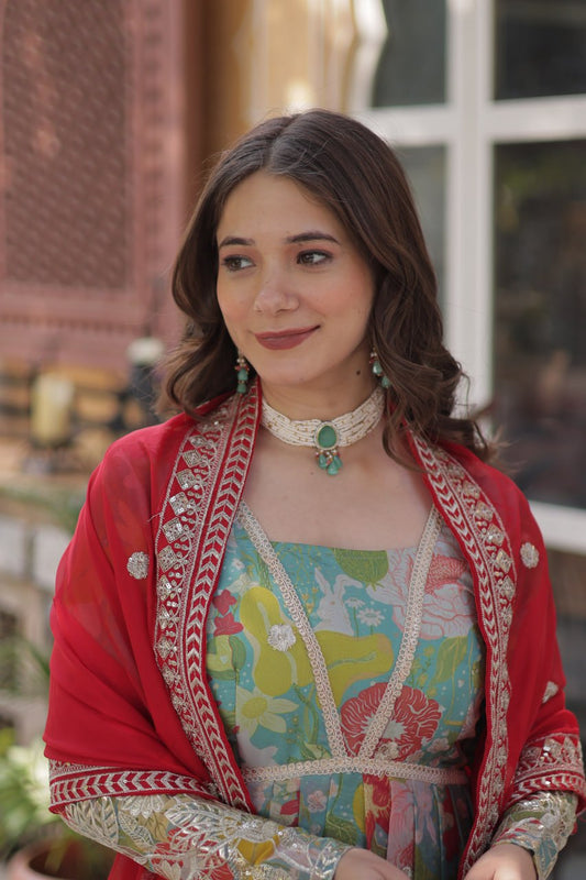 Digital Printed Russian Silk Gown with Embroidered Dupatta