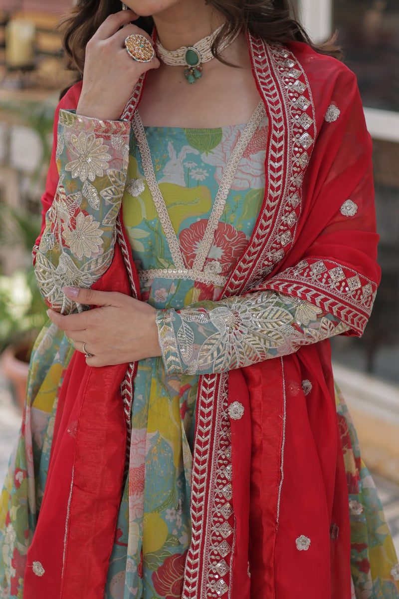 Digital Printed Russian Silk Gown with Embroidered Dupatta