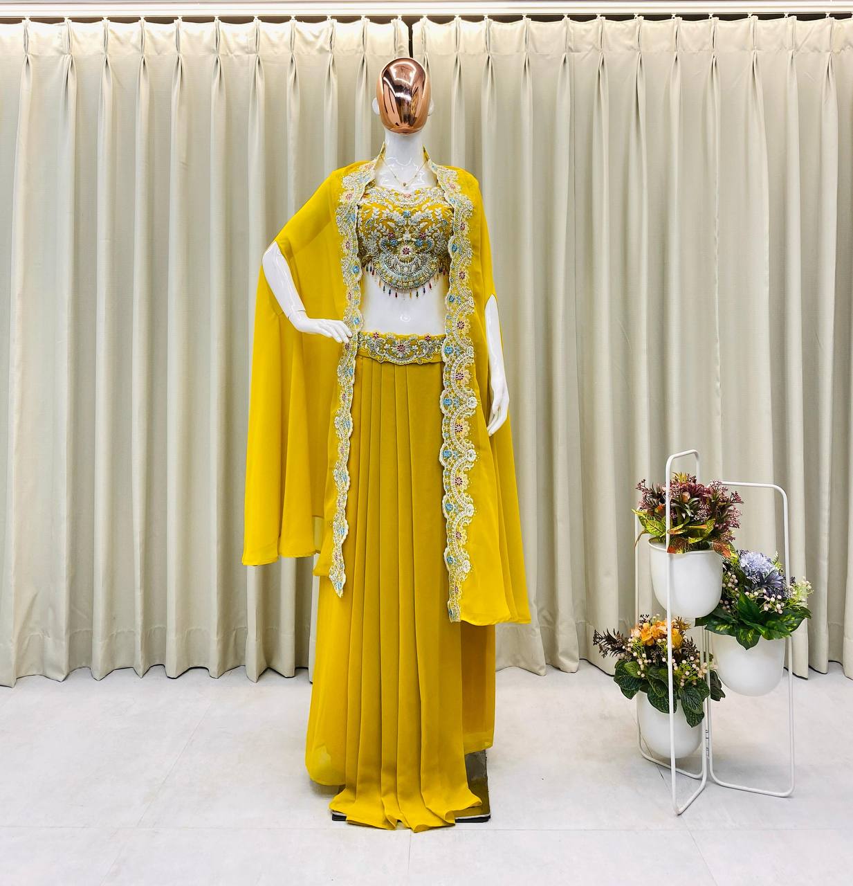 Georgette Blouse, Skirt & Koti Set with Sequins & Diamond Work