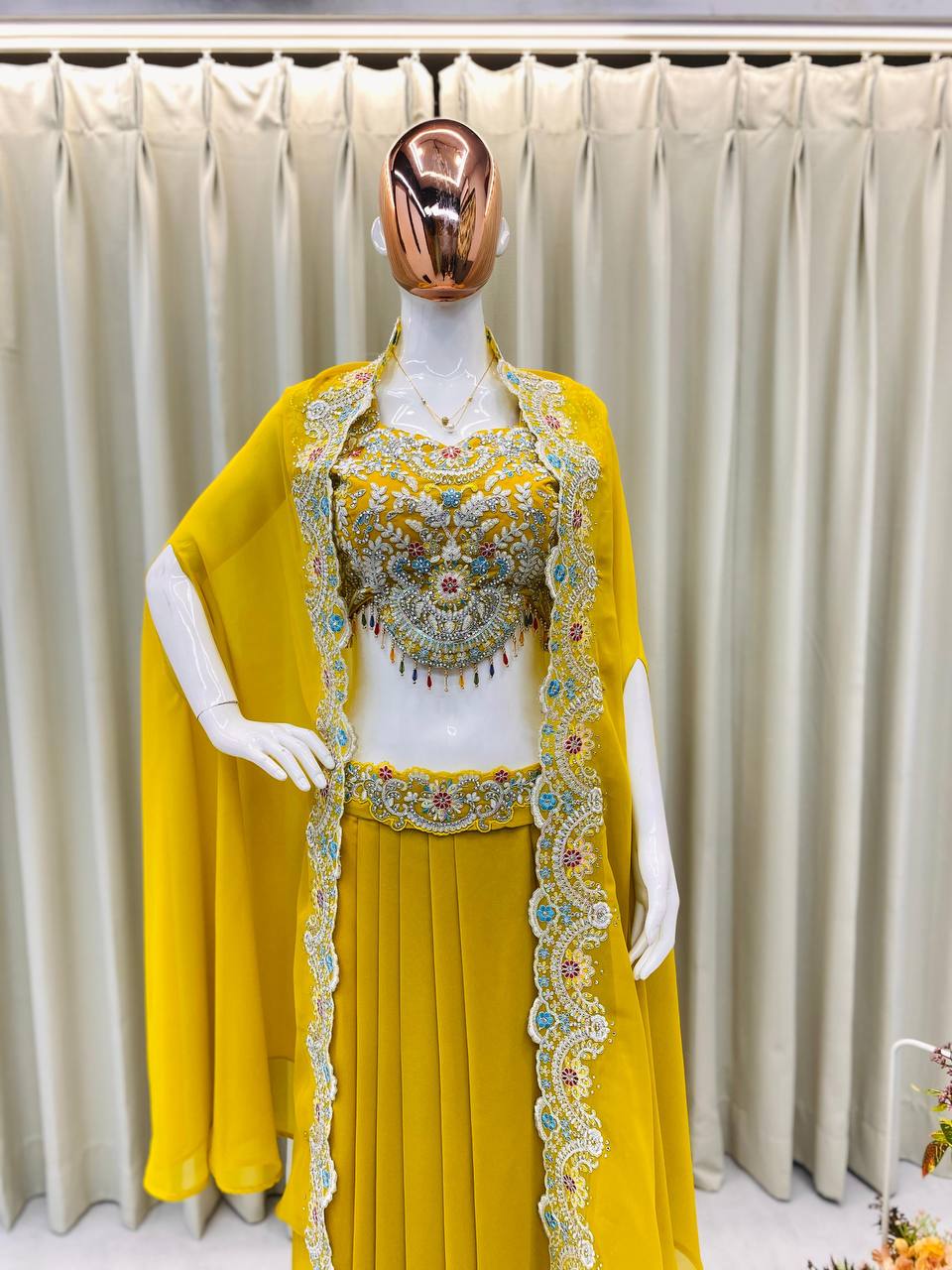 Georgette Blouse, Skirt & Koti Set with Sequins & Diamond Work