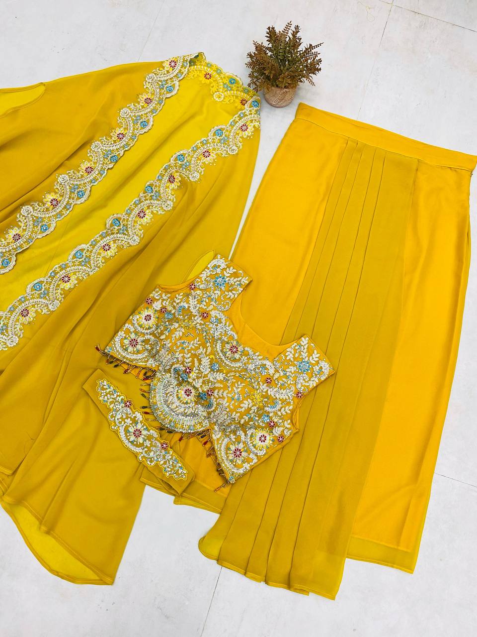 Georgette Blouse, Skirt & Koti Set with Sequins & Diamond Work