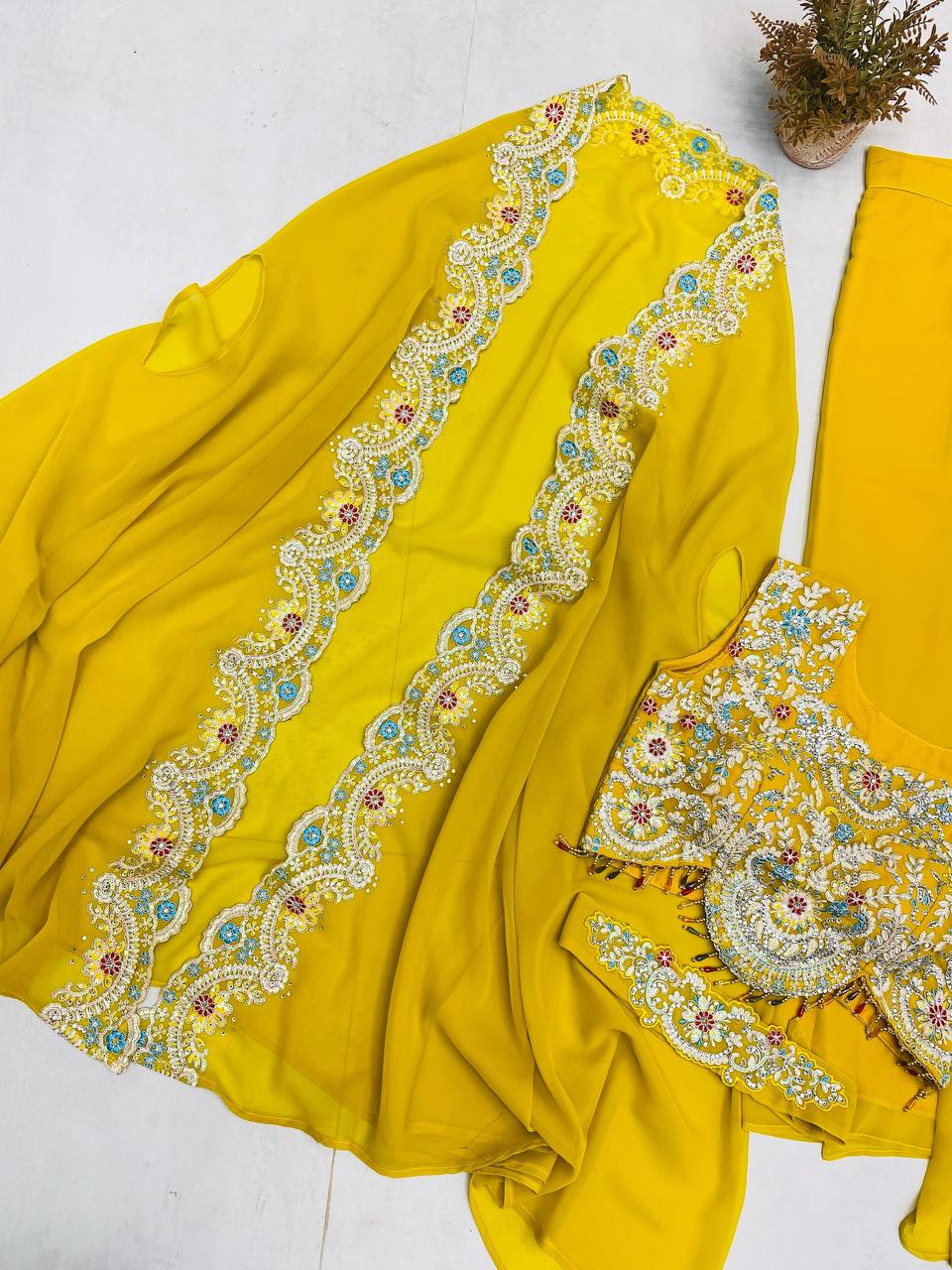 Georgette Blouse, Skirt & Koti Set with Sequins & Diamond Work