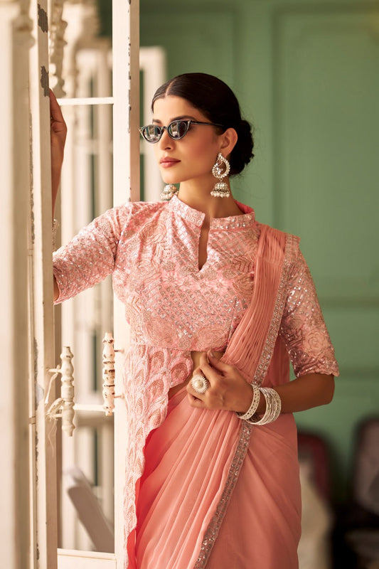 Premium Ready-to-Wear Chinon Drape Saree with Embroidered Blouse