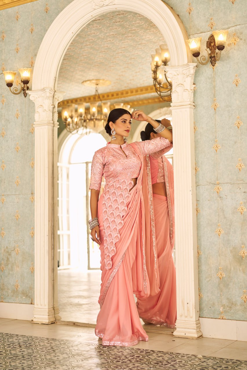 Premium Ready-to-Wear Chinon Drape Saree with Embroidered Blouse