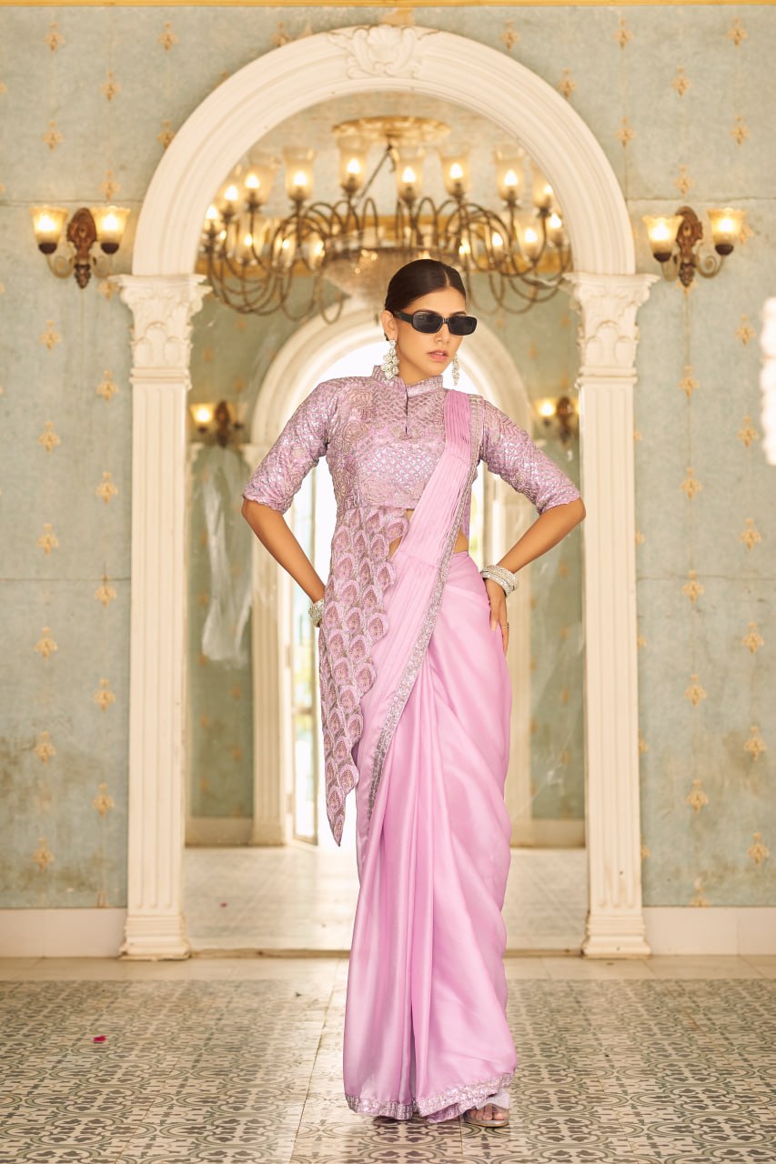 Premium Ready-to-Wear Chinon Drape Saree with Embroidered Blouse