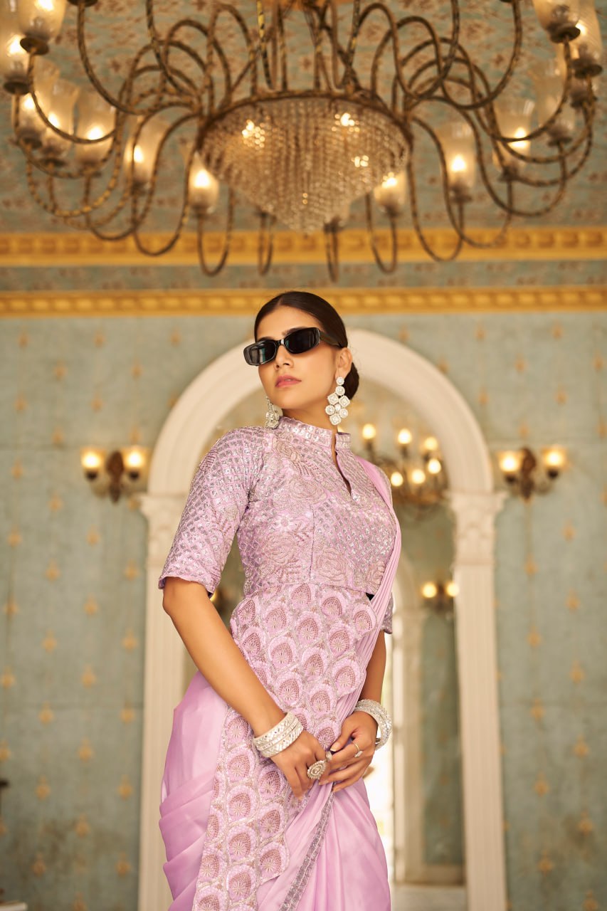 Premium Ready-to-Wear Chinon Drape Saree with Embroidered Blouse