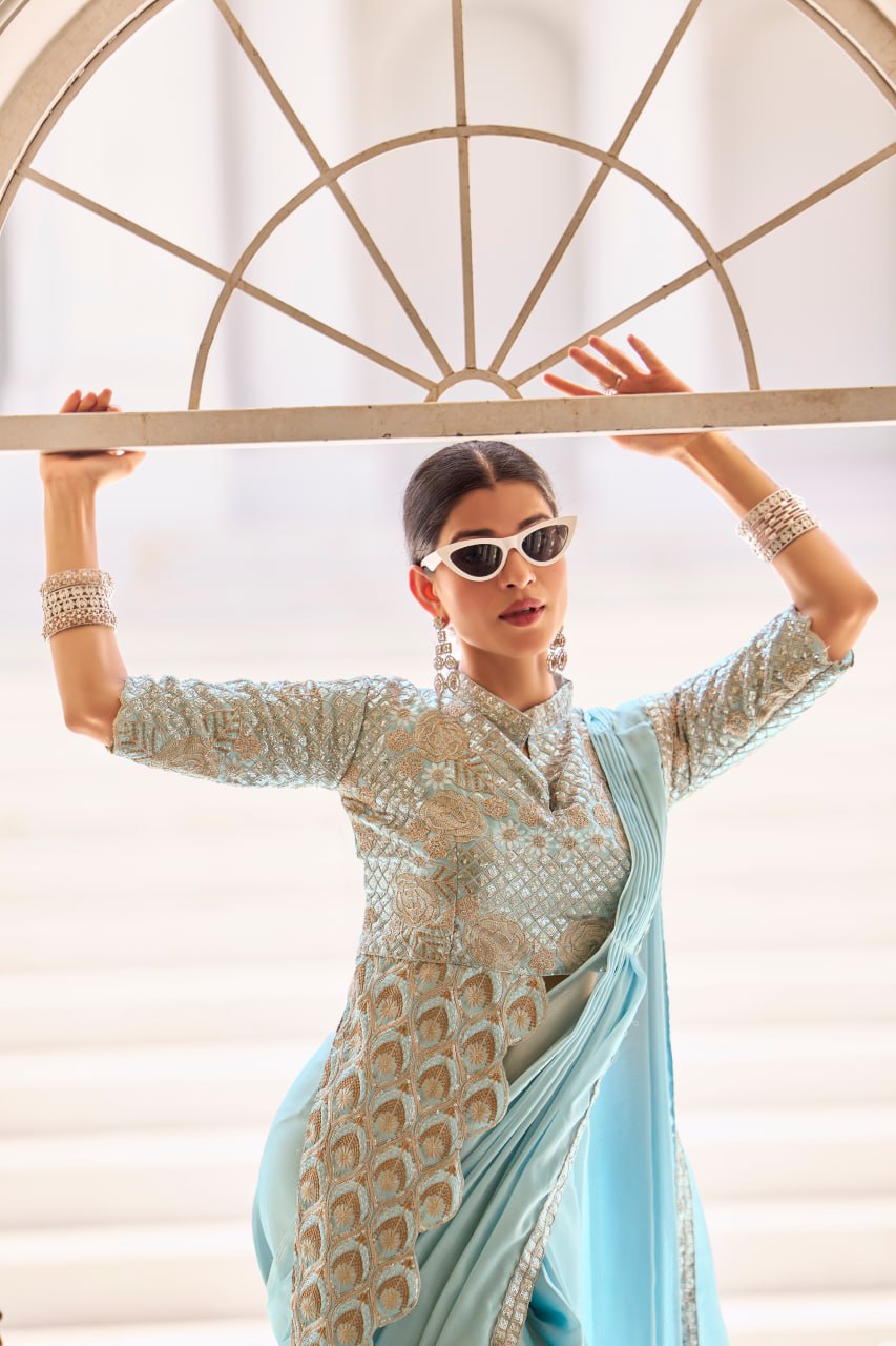 Premium Ready-to-Wear Chinon Drape Saree with Embroidered Blouse