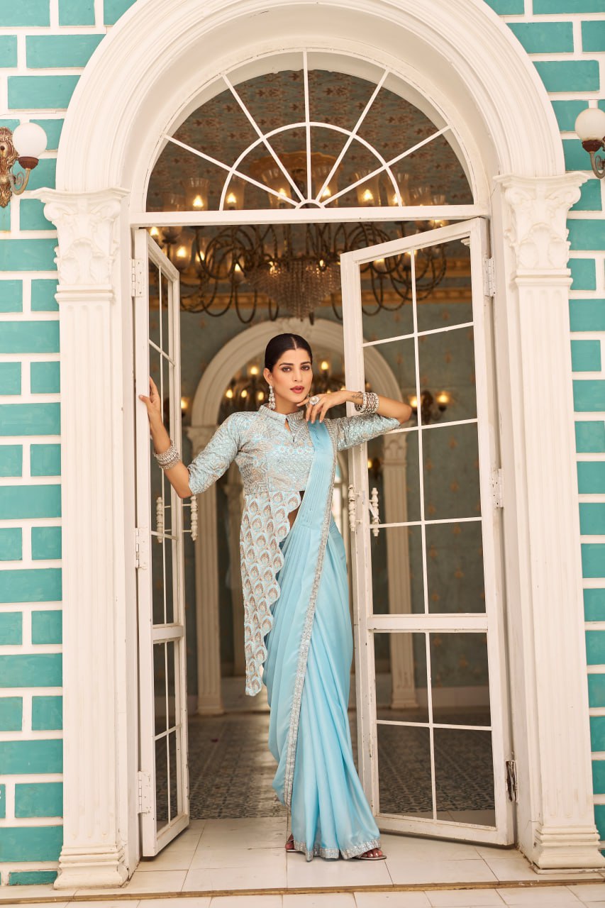 Premium Ready-to-Wear Chinon Drape Saree with Embroidered Blouse