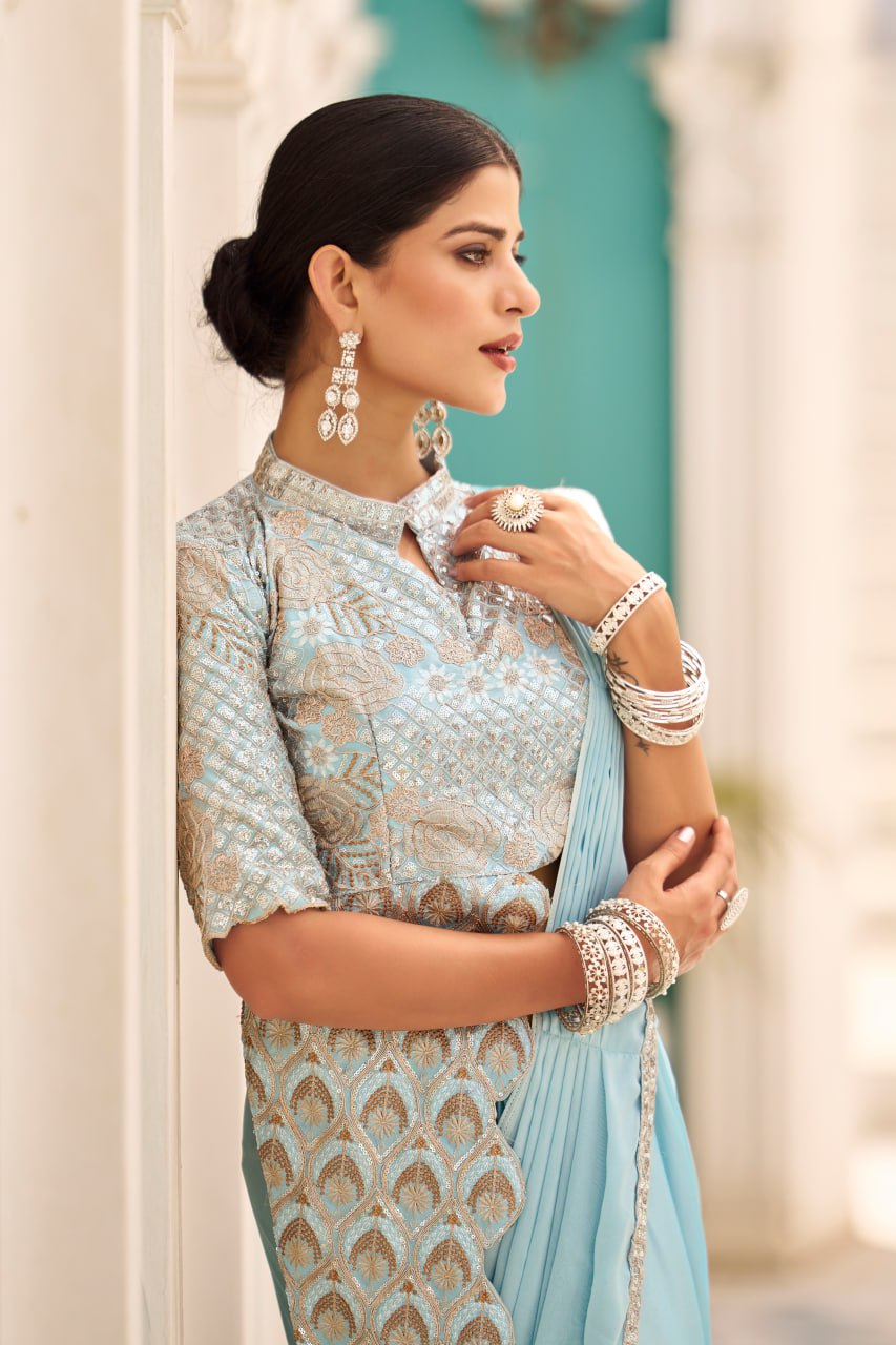 Premium Ready-to-Wear Chinon Drape Saree with Embroidered Blouse