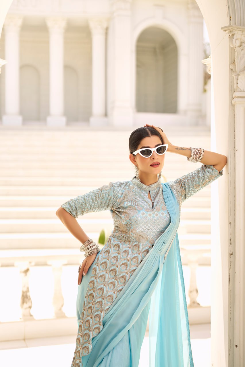 Premium Ready-to-Wear Chinon Drape Saree with Embroidered Blouse