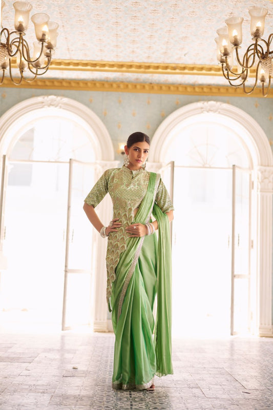 Premium Ready-to-Wear Chinon Drape Saree with Embroidered Blouse