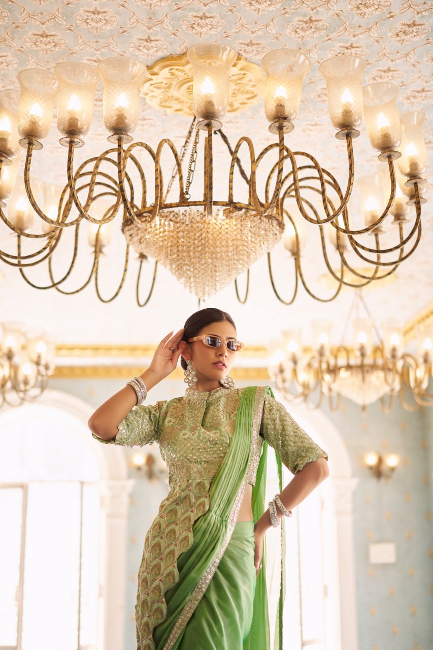 Premium Ready-to-Wear Chinon Drape Saree with Embroidered Blouse