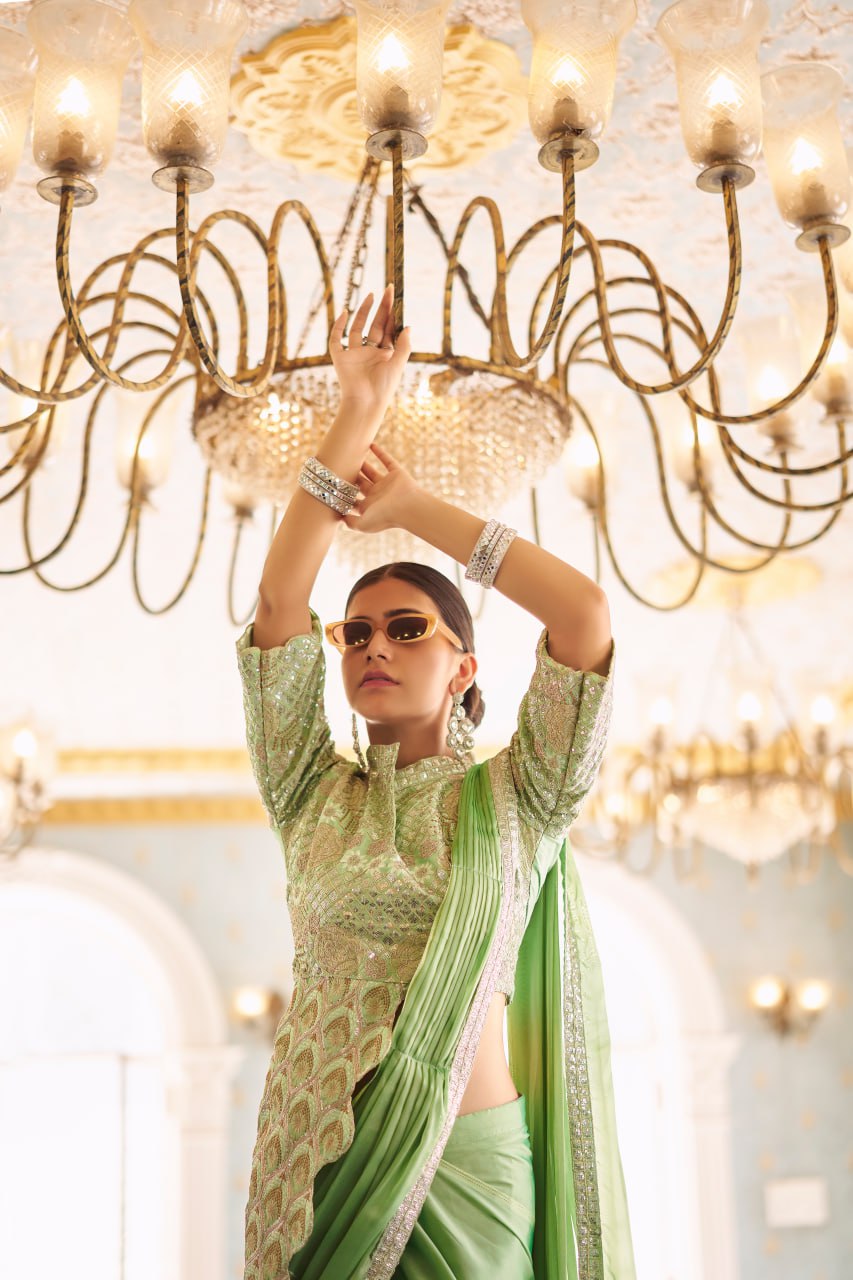 Premium Ready-to-Wear Chinon Drape Saree with Embroidered Blouse