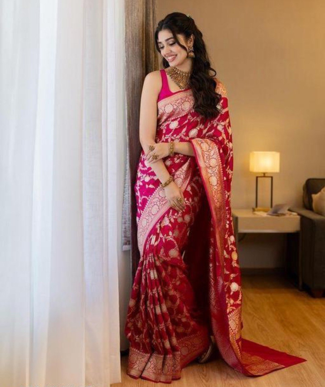 Luxurious Red Banarasi Soft Silk Saree with Elegant Gold Zari Work