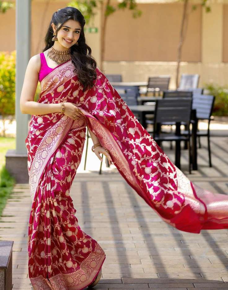 Luxurious Red Banarasi Soft Silk Saree with Elegant Gold Zari Work