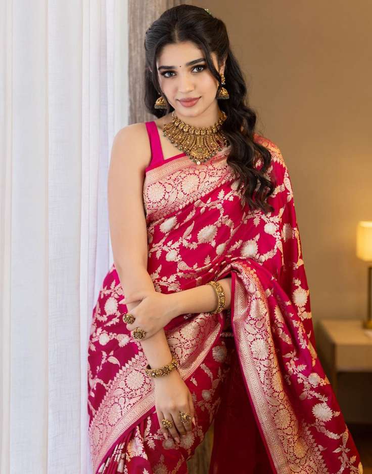 Luxurious Red Banarasi Soft Silk Saree with Elegant Gold Zari Work