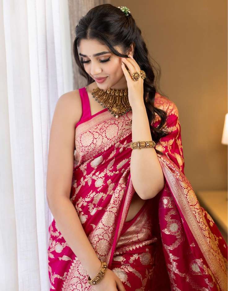 Luxurious Red Banarasi Soft Silk Saree with Elegant Gold Zari Work