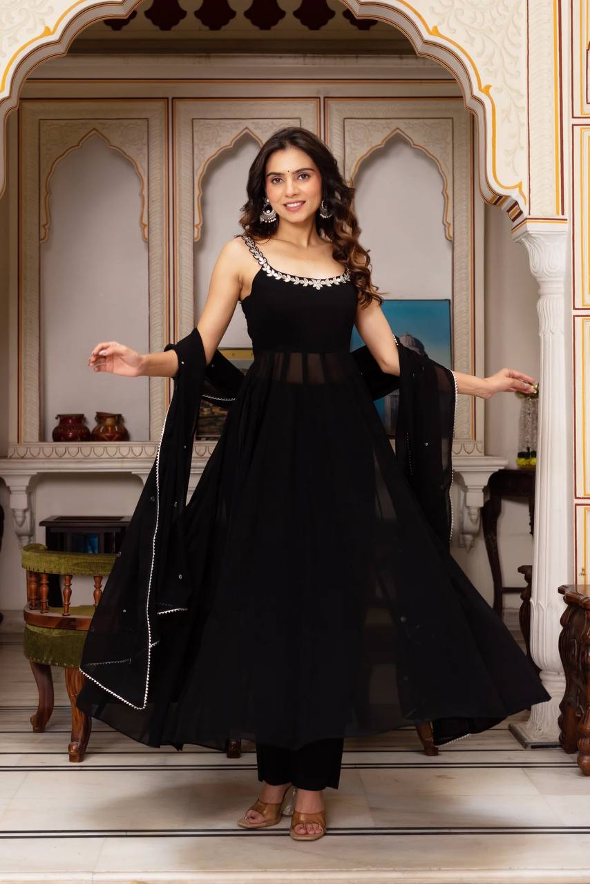 Faux Georgette Mirror Work Plazo Suit Set with Lace Border Dupatta – Handwork Designer Wedding & Party Wear Ethnic Outfit