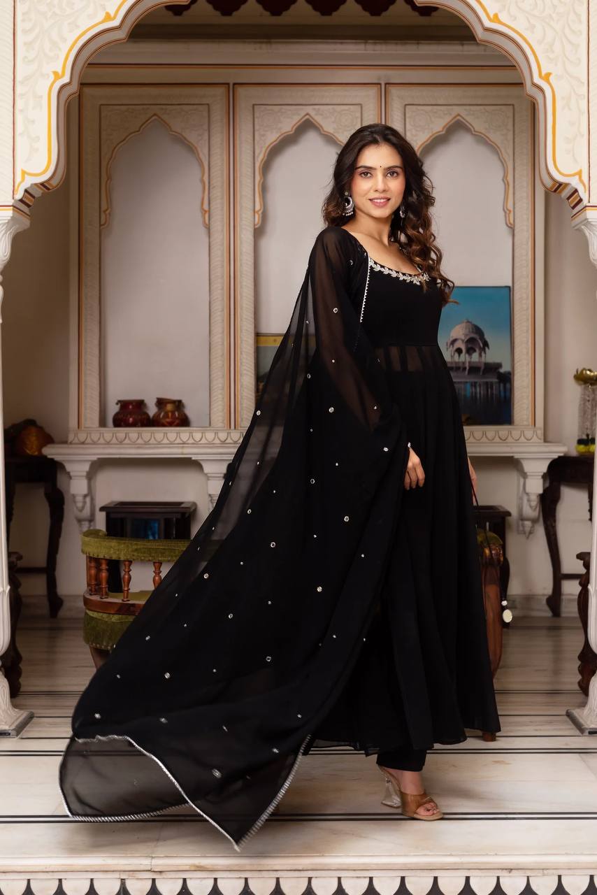 Faux Georgette Mirror Work Plazo Suit Set with Lace Border Dupatta – Handwork Designer Wedding & Party Wear Ethnic Outfit