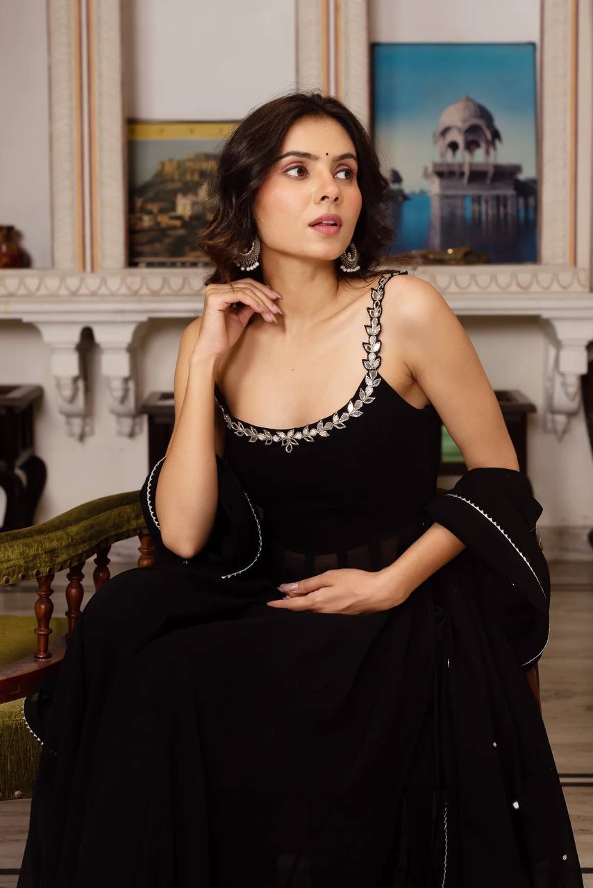 Faux Georgette Mirror Work Plazo Suit Set with Lace Border Dupatta – Handwork Designer Wedding & Party Wear Ethnic Outfit