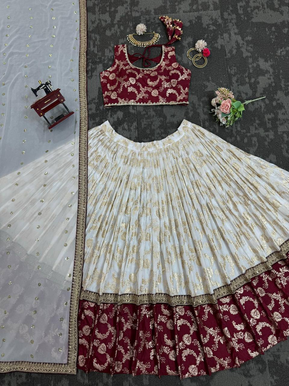 Designer Jequard Semi-Stitched Lehenga Set with Fancy Dupatta