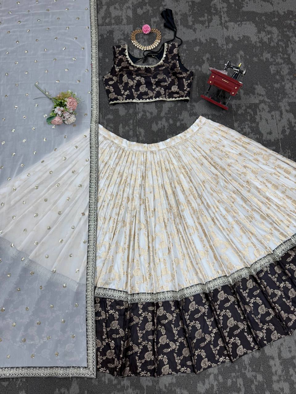 Designer Jequard Semi-Stitched Lehenga Set with Fancy Dupatta