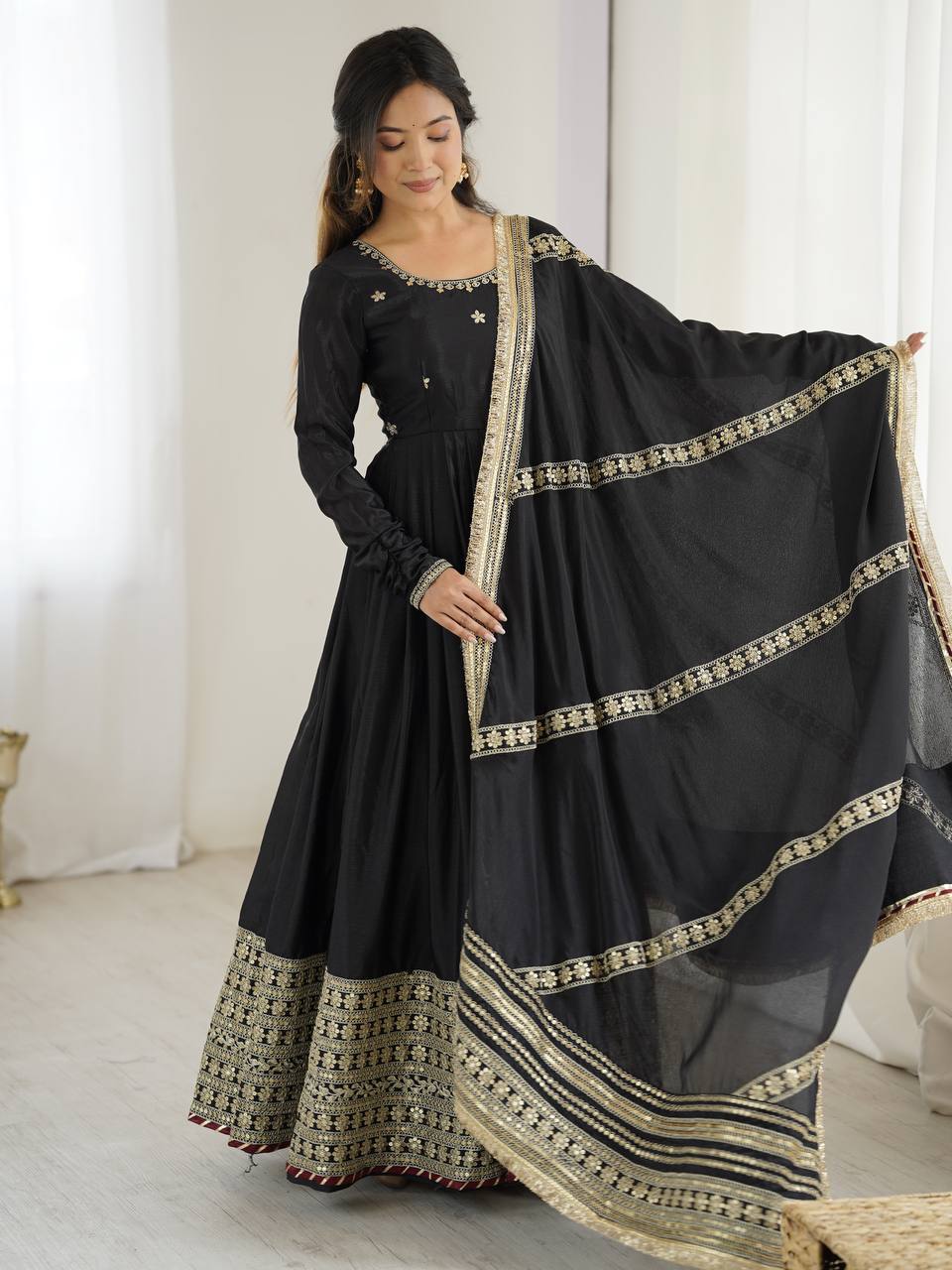 Elegant Chinon Silk Embroidered Suit Set with Dupatta