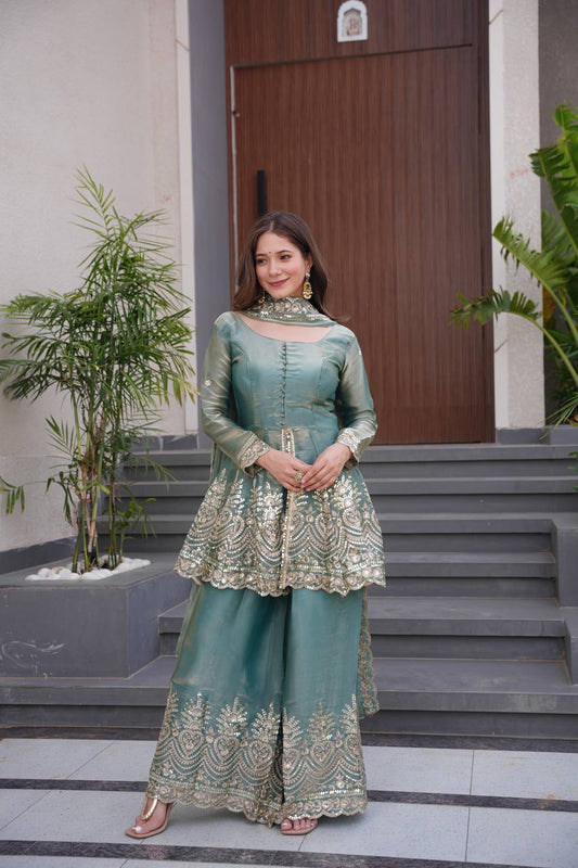 Women’s Heavy Two Tone Fendy Satin Silk Gown Sharara Set with Embroidery Sequins & Real Mirror Work | Wedding & Party Wear Suit