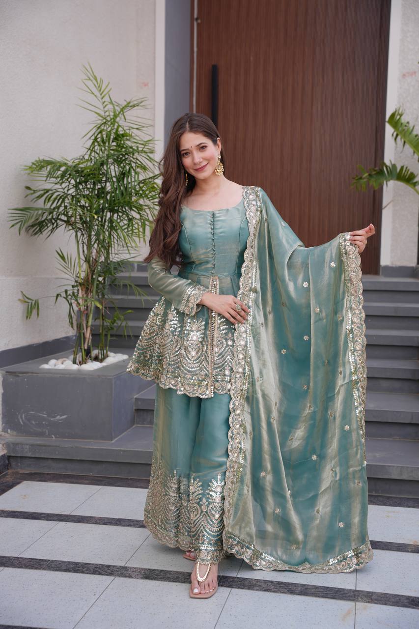 Women’s Heavy Two Tone Fendy Satin Silk Gown Sharara Set with Embroidery Sequins & Real Mirror Work | Wedding & Party Wear Suit