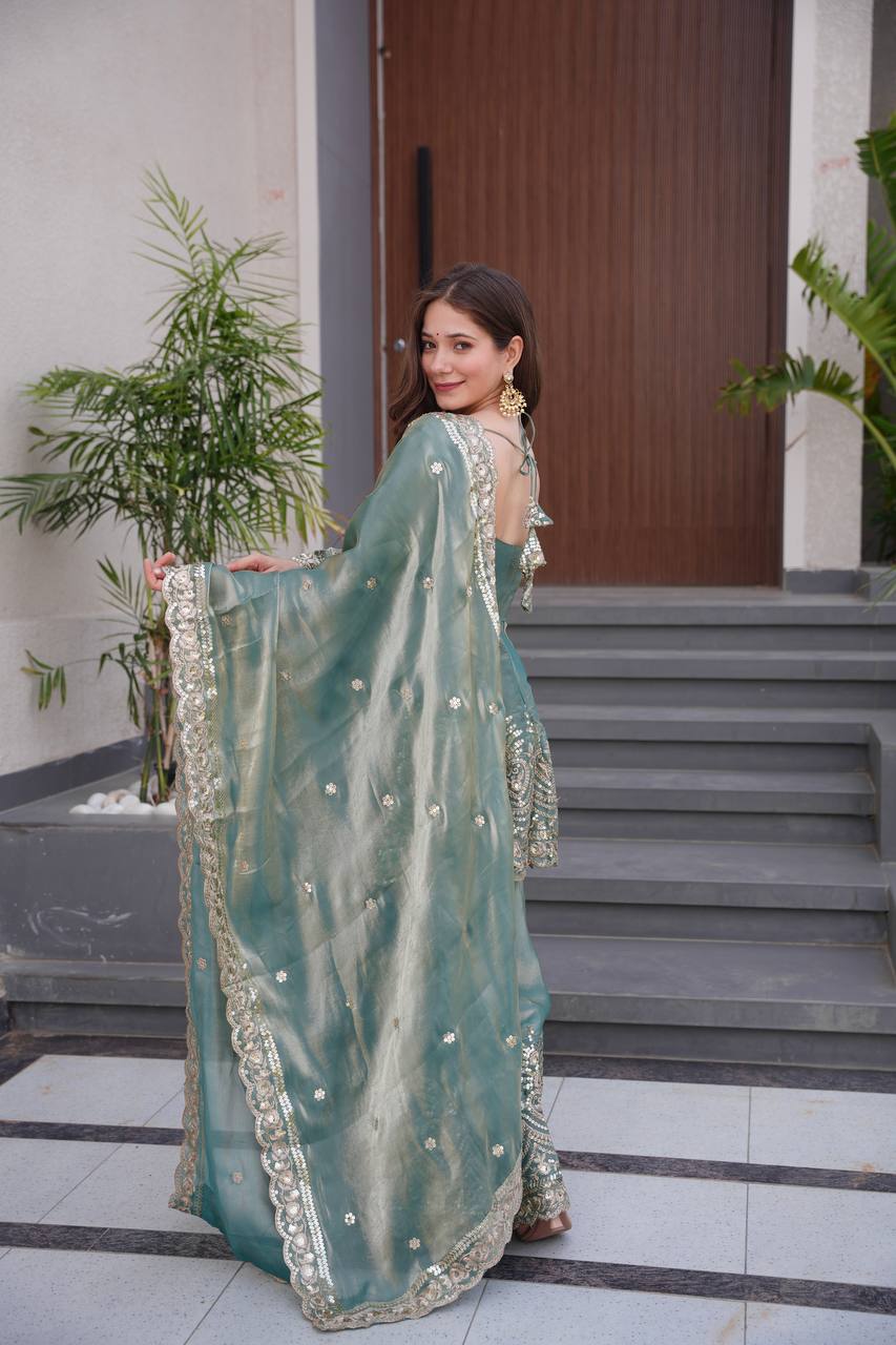 Women’s Heavy Two Tone Fendy Satin Silk Gown Sharara Set with Embroidery Sequins & Real Mirror Work | Wedding & Party Wear Suit