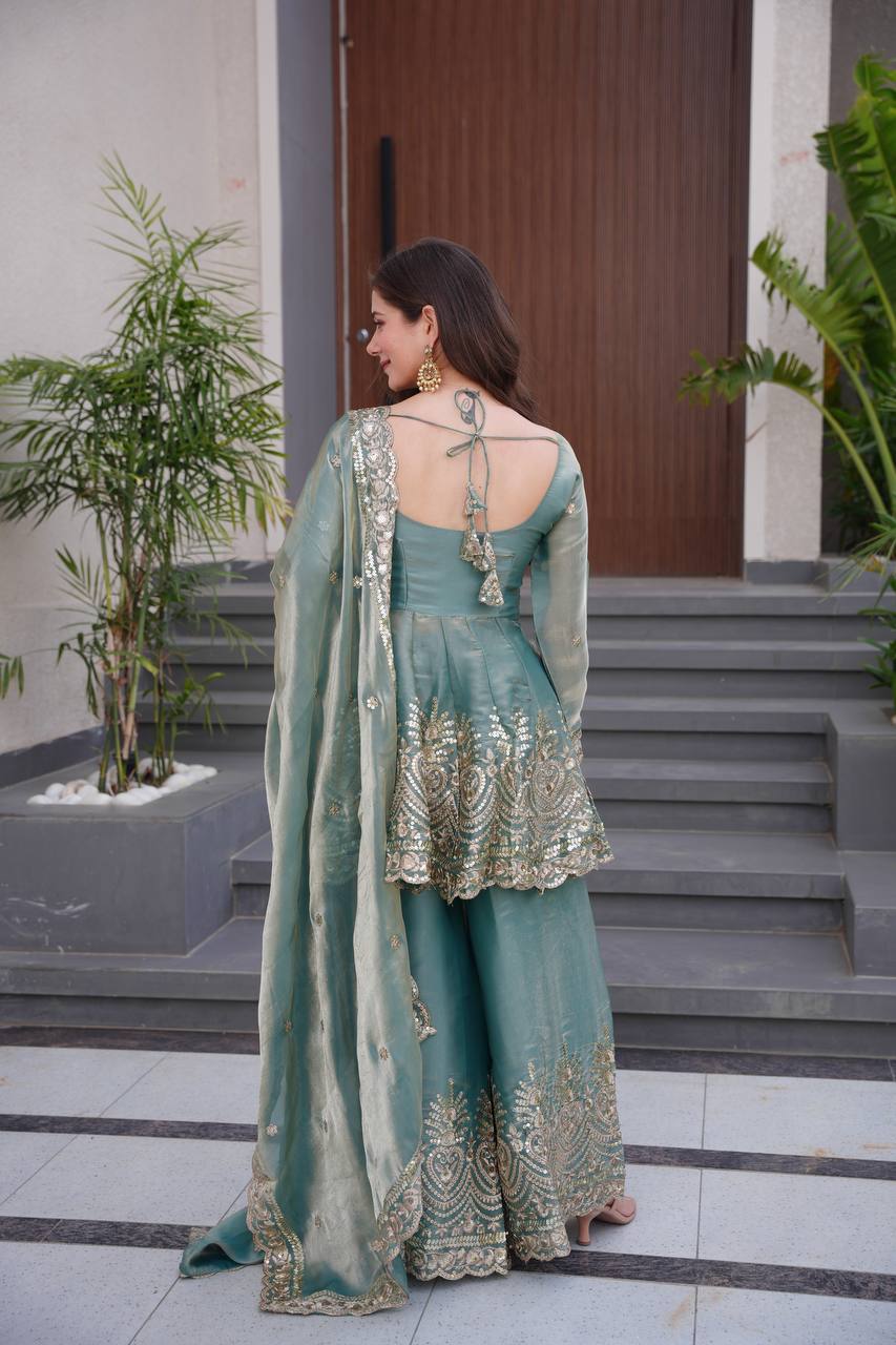 Women’s Heavy Two Tone Fendy Satin Silk Gown Sharara Set with Embroidery Sequins & Real Mirror Work | Wedding & Party Wear Suit