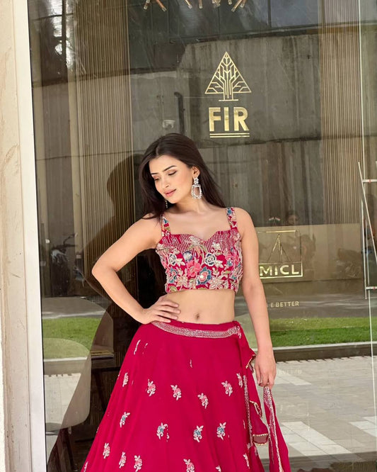 Elegant Fully Stitched Faux Georgette Lehenga Set with Embroidery & Dori Work