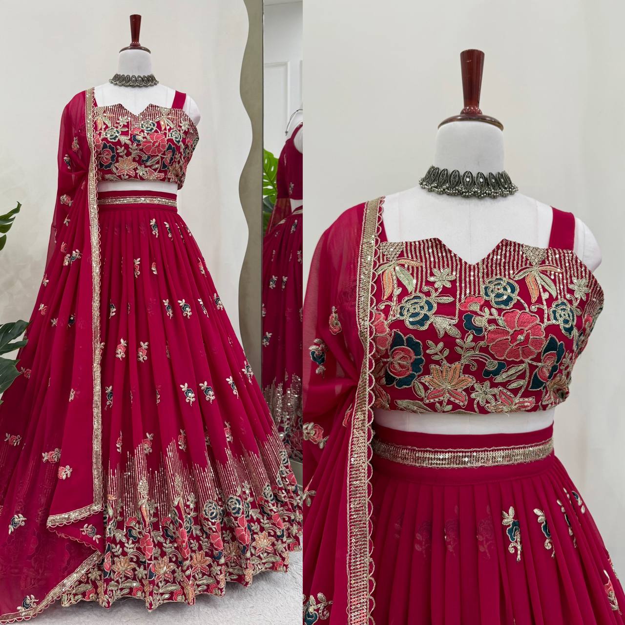 Elegant Fully Stitched Faux Georgette Lehenga Set with Embroidery & Dori Work