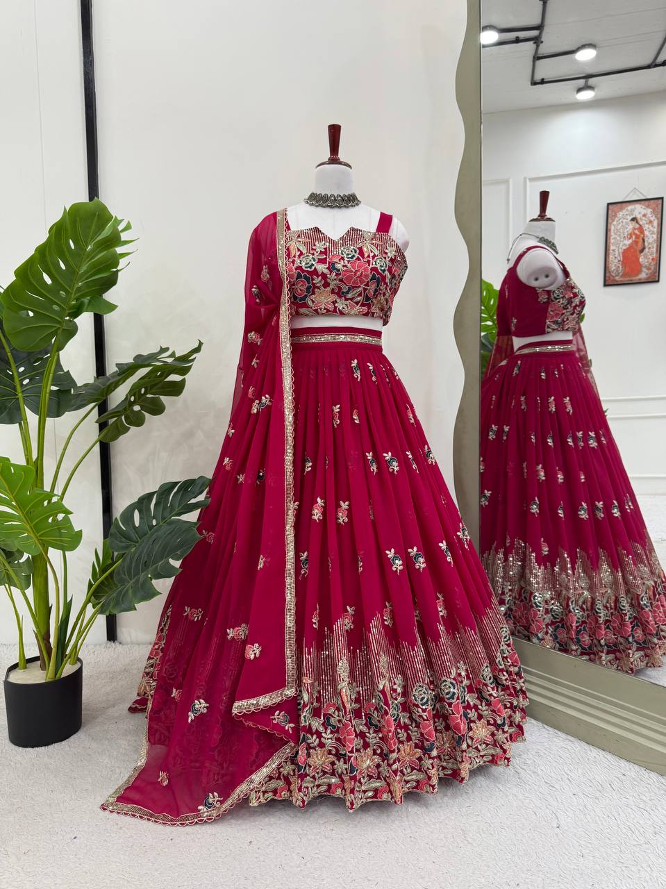 Elegant Fully Stitched Faux Georgette Lehenga Set with Embroidery & Dori Work