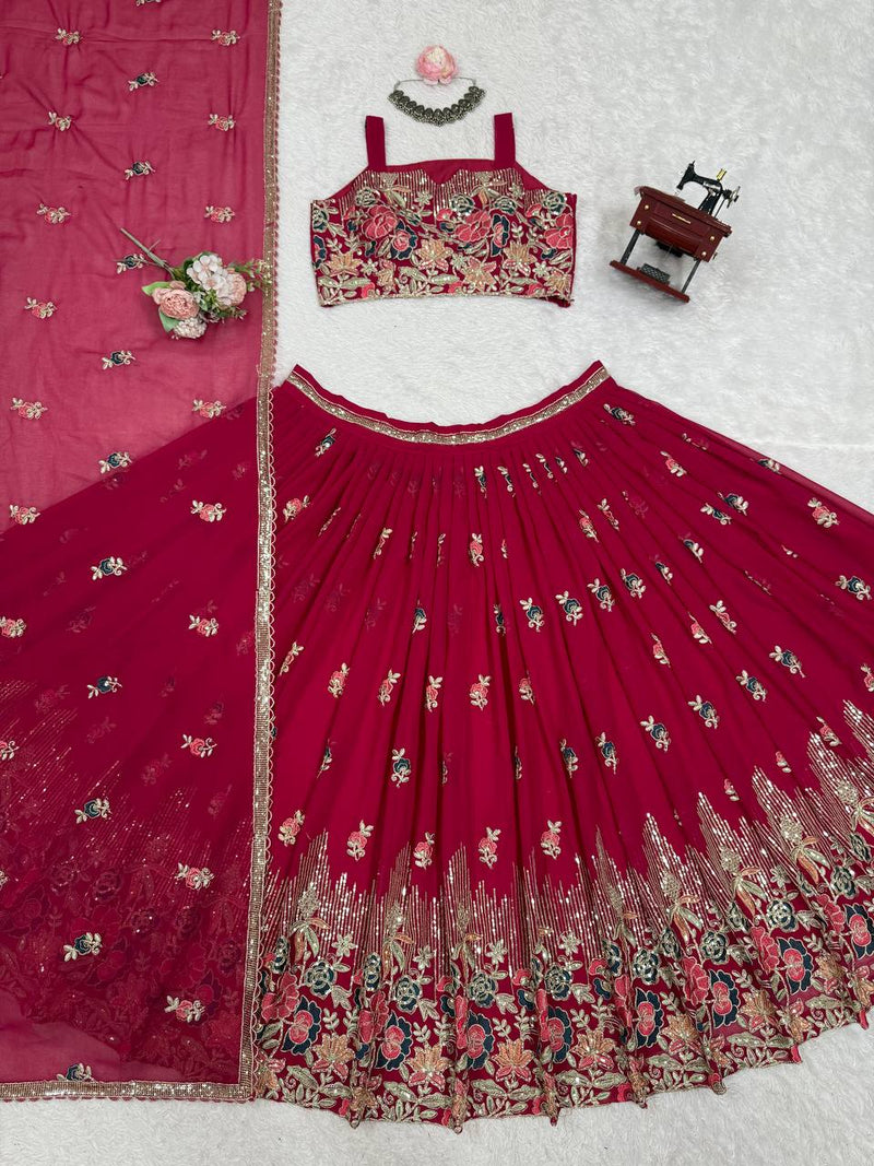Elegant Fully Stitched Faux Georgette Lehenga Set with Embroidery & Dori Work