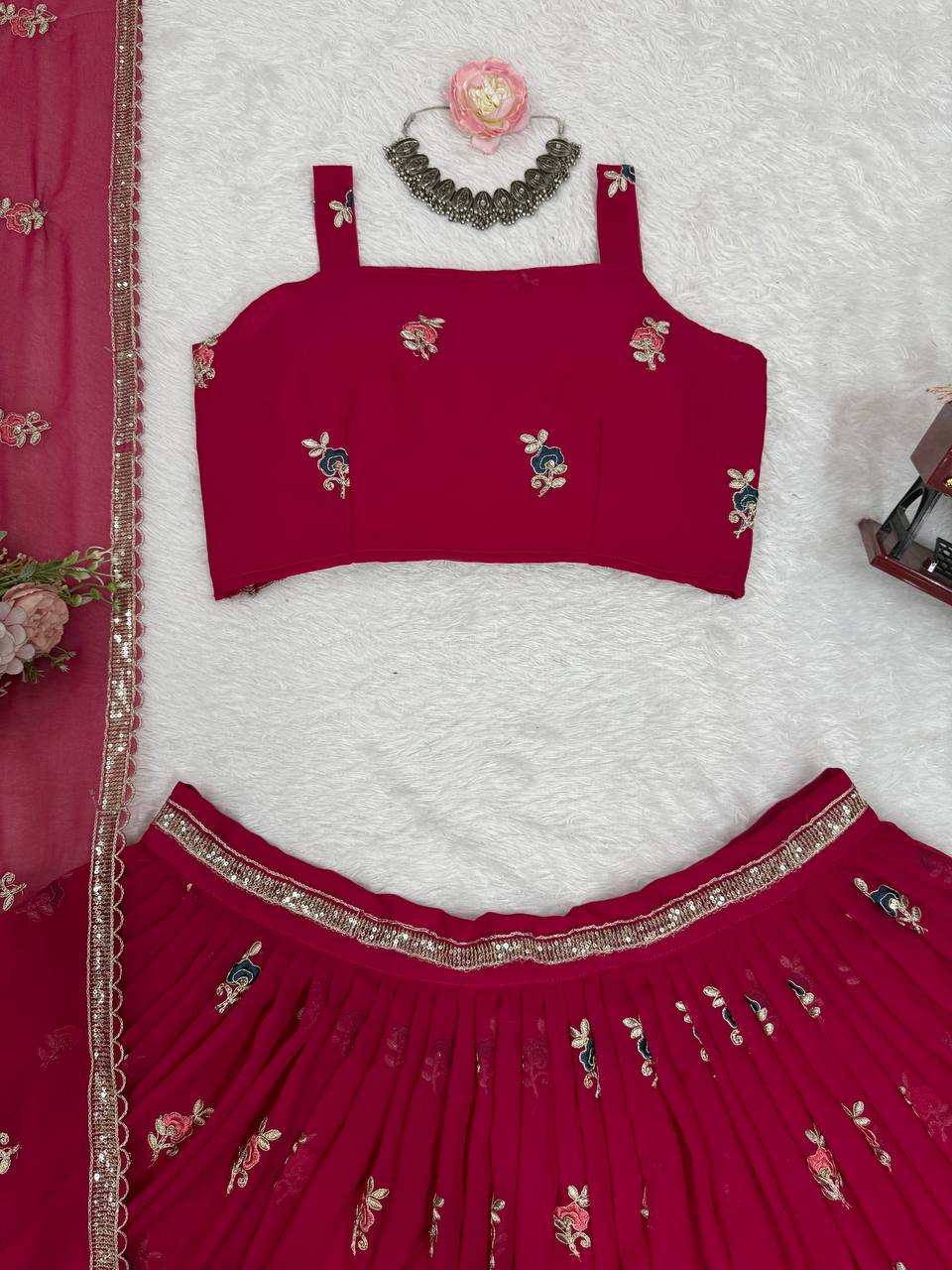 Elegant Fully Stitched Faux Georgette Lehenga Set with Embroidery & Dori Work