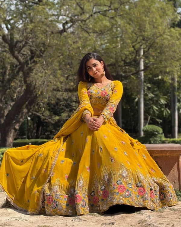 Elegant Fully Stitched Faux Georgette Lehenga Set with Embroidery & Dori Work