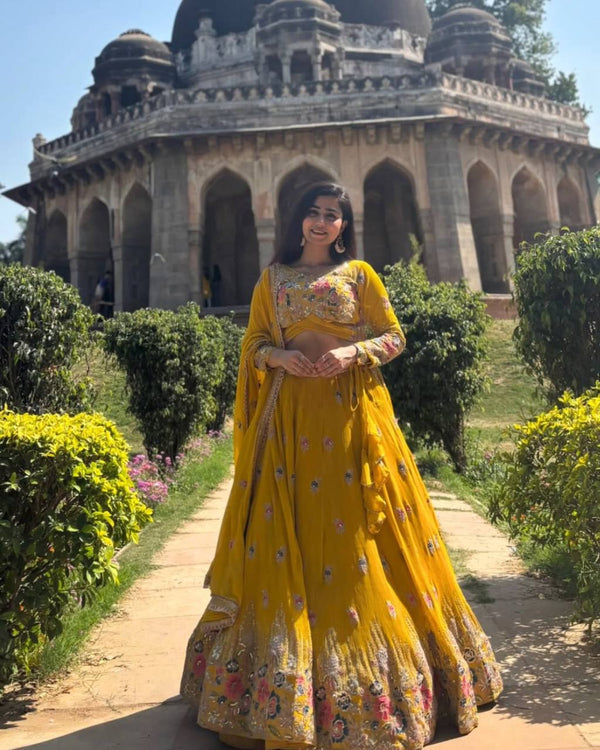 Elegant Fully Stitched Faux Georgette Lehenga Set with Embroidery & Dori Work