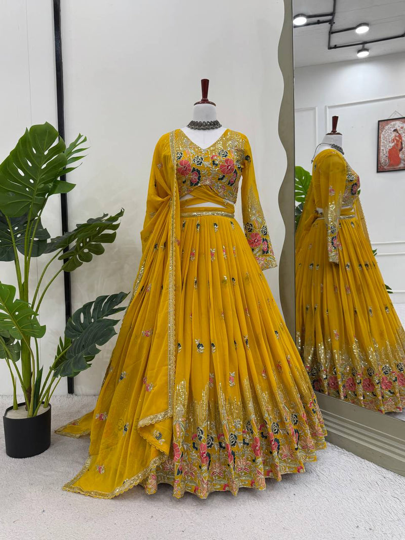 Elegant Fully Stitched Faux Georgette Lehenga Set with Embroidery & Dori Work